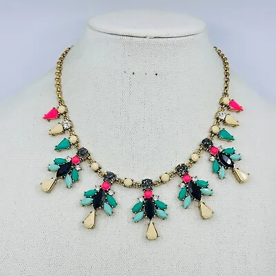 J. Crew Statement Necklace Blue Green Pink Crystal Flower Petal Jewelry • $29.95