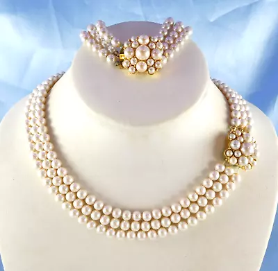 Vintage MONET Elegant Multi Strand Faux Pearl Necklace Matching Bracelet Set FAB • $29.99