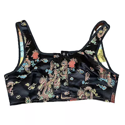 Shein Bustier Womens M Black Metalic Satin Chinese Dragons Lace Up Bra Top Tank • £19.41