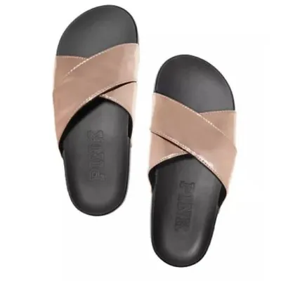 New Victorias Secret VS PINK Crisscross Strap Slides Sandal Rose Gold L 9-10 NIP • $24.99