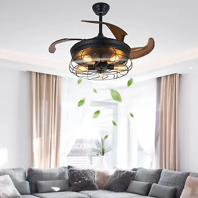 36  Ceiling Fan With Light Industrial Retractable Blades Brown Cage Chandelier • $76.01