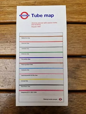 London Underground Tube Map Journey Planner August 1997 - Lines/Helpline Cover • £12.95