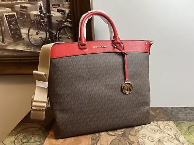 Michael Kors Kenly Large Brown MK Signature Flame Red Tote Bag • $139