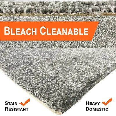 Bleach Cleanable Soft Saxony SILVER Grey Carpet Hessian Back FAST FREE DELIVERY • £76