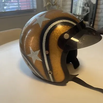 1960’s Vintage Gold Black Silver Stars Metal Flake Motorcycle Helmet Leather • $220