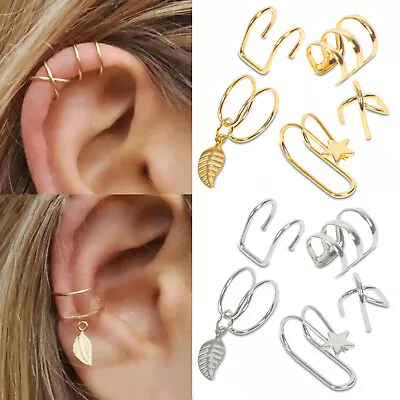 5PC Set Non-Piercing Ear Cuff Clip On Fake Cartilage Gold Silver Women Earrings • £4.95