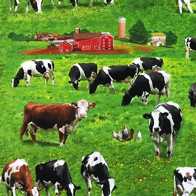 Farm Animals - Elizabeth's Studio 100% Cotton Fabric Cow & Landscape • £5.10
