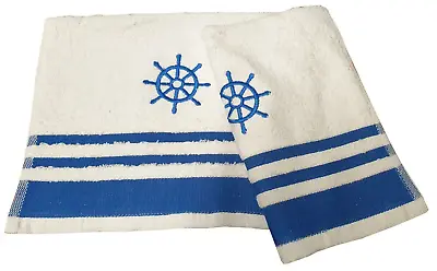 Pack Of 2 Guest Towels Helm Blue Nautical Ships Wheel Stripes Sea Ocean Cotton • £7.99