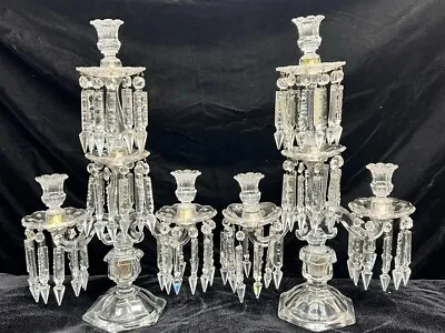 $725 • Buy Antique Monumental Pair 21  Cut Crystal Candelabra Girandole Six Light 80 Drops