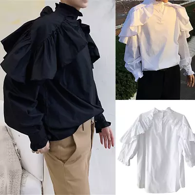 Men Retro Steampunk Ruffled Shirt Tuxedo Blouse Tops Dance Party Costume • £38.86