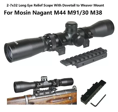 Black Mosin Nagant 2-7x32 Long Eye Relief Scout Scope W Mount F M44 M91/30 & M38 • $64.99