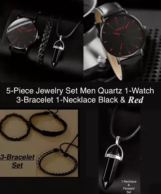 5-Piece Jewelry Set Men Quartz 1-Watch 3-Bracelet 1-Necklace Luxurious Black&Red • $17.49