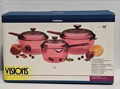 VTG 1995 Corning VISIONS Cranberry 6-Piece Saucepan Set - 1 1 1/2 2 1/2 Quart  • $249.99