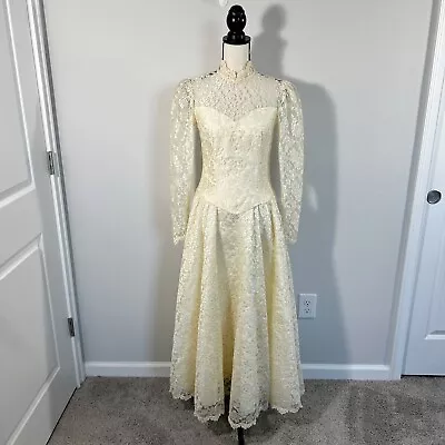 Vintage 1950s Wedding Dress Off White Lace Pearl Embroidered Gown Long Sleeve • $74.95