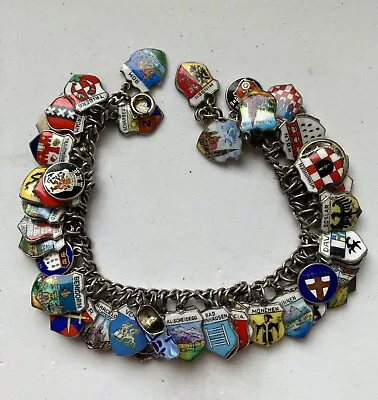 Vintage 64 European Silver Enamel Charms Travel Shields Bracelet • $250