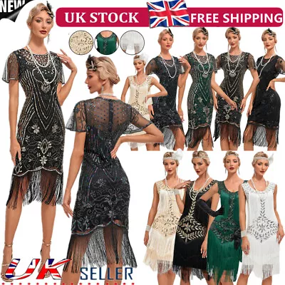 Retro 1920s Flapper Gatsby-Charleston Party Sequin Fringe Evening Cocktail Dress • £29.44