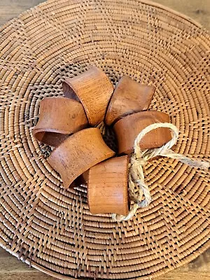 Set Of 6 Vintage MCM Genuine Teak Wood Serviette Napkin Serviette Rings Holders • $24