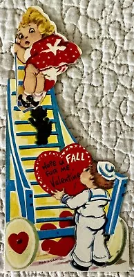 Unused Valentine Boy Sailor Girl Ladder Mechanical Vtg Greeting Card 1950s 1960s • $4.88