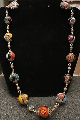 Vintage Venetian Millefiori Italian Art Glass Beaded Necklace Set Clip Earrings • $75