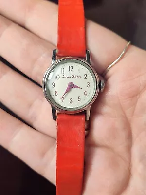 Vintage 1960's Timex Snow White Wind-up Wristwatch Red Leather Band • $18