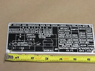 Data Plate Cargo Dimension Fit Jeep Kaiser M715 1 1/4 Military Truck NOS  (P23)  • $12