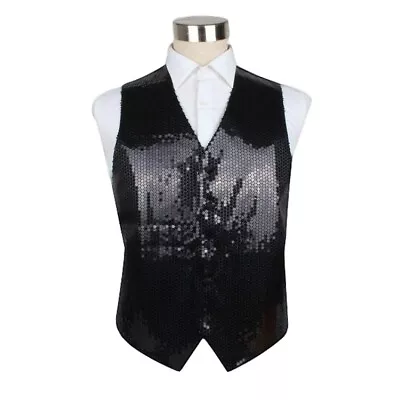 Mens Black Sequin Patterned Vest Waistcoat • $22.17