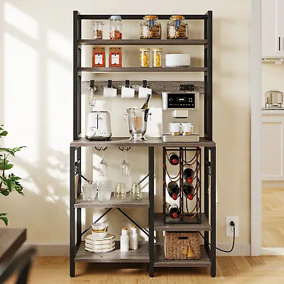 6-Tier Bakers Racks Wine Glass Holders Kitchen Storage Shelf With Power Outlets • $89.98