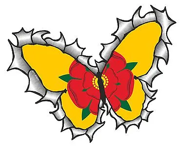 BUTTERFLY Ripped Torn Metal Design & Lancashire Rose County Flag Car Sticker • £2.49
