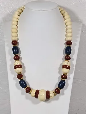 Vintage Ivory Color Blue Brown Acrylic Beaded Tribal Style Chunky Necklace 21 In • $7.34