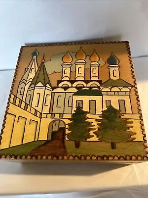 Vintage Handcrafted Wooden Trinket Box Scenery Architecture Jewelry Box 4” • $23