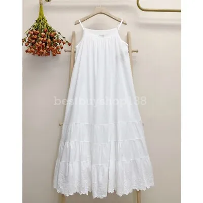 Women 100% Cotton Full Slips Dress Extender Petticoat Lace Neck Loose Long Dress • $20.45