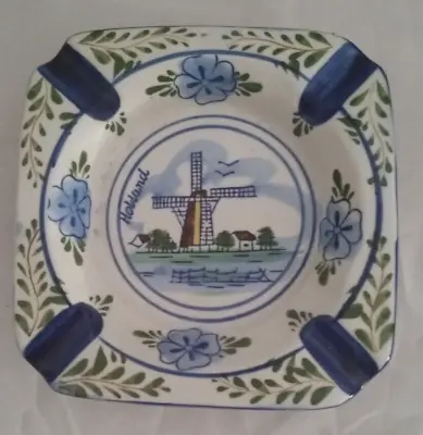 Ash Tray Vintage Delft Blue Hand Painted  By TJ Holland Souvenir Windmill Flower • $9