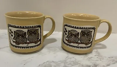 VTG 70s Yellow Pair Of 2- Otagiri Owls Sitting On Tree Branch Coffee Mugs Cups • $33