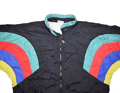 Vintage Sergio Tacchini Windbreaker Jacket Mens L Black Rainbow Stripe Warm Up • $39.90