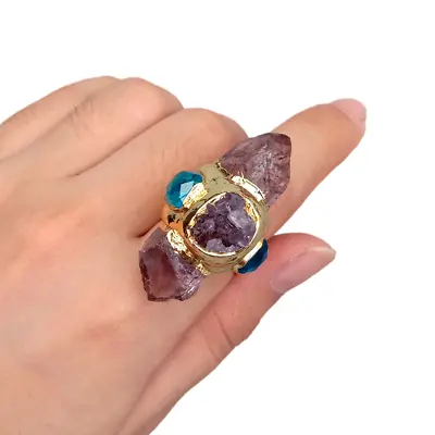 Purple Amethyst Point Druzy Blue Crystal Ring Gold Plated Adjustable Gems Ring • $9.97