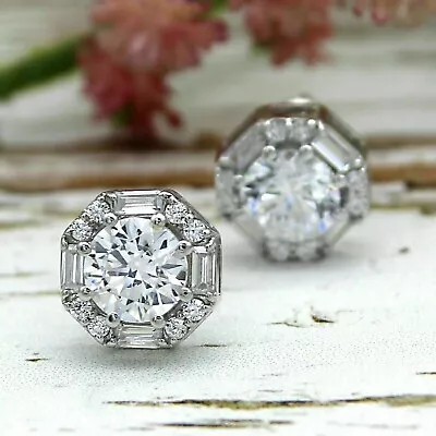 3CT Round Real Moissanite Cluster Push Back Stud Earrings 14K White Gold Plated • $104.99