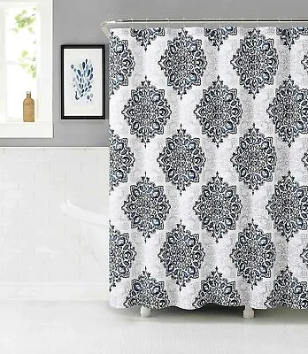 VCNY Tranquility Blue White Fabric Shower Curtain Floral Medallion Damask • $16.99