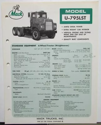 1972 Mack Trucks Model U 795LST Diagrams Dimensions Specification Sheet Original • $17.86