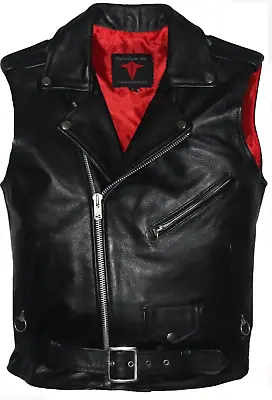 Motorcycle Mens Zip Classic Style Leather Vest Sleeveless Biker Jacket Red Liner • $79.99