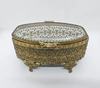 Vintage Gold Tone Filigree Beveled Glass Footed Casket Jewelry Box 6'' • $27.96