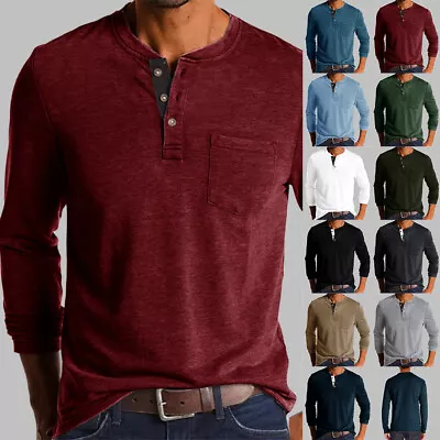 Mens Casual Long Sleeve T-shirt Blouse V Neck Button Solid Tee Shirt Tunic Tops • $25.39