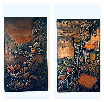 2 Mid Century 1950 Copper Relief 3-D Pictures Chilean Artist Signed 20  X 12  • $274.55