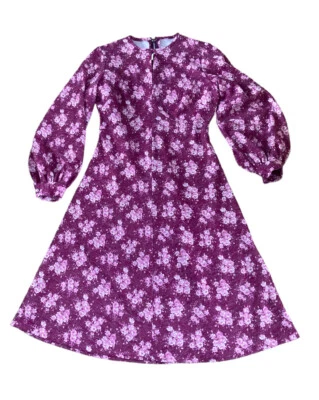 £22.99 • Buy Vintage Dress A Line Shift Long Bishop Sleeves Floral Print 60s 70s Purple 14 16