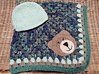 $36 • Buy Handmade Crochet Camo Baby Afghan W/Bear Applique & Hat (0-3 Mos.)