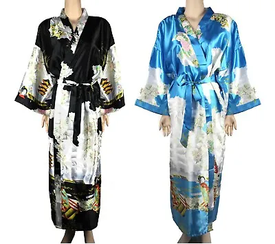 $34.99 • Buy Japanese Kimono Silk Bath Robe Dressing Gown Blossoms & Peacock Designs
