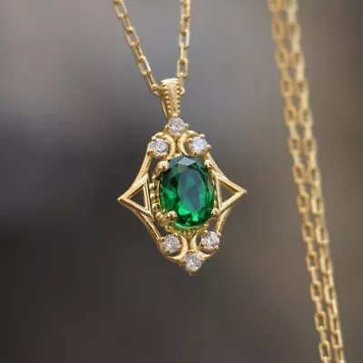 2ct Oval Cut Lab-Created Green Emerald Vintage Pendant 14k Yellow Gold Plated • $80