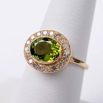 18ct Gold Green Tourmaline & Diamond Halo Oval Ring British Hallmarks Size N • £700