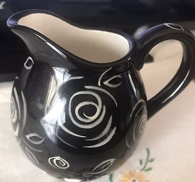 Mary Rose Young Design Hausenware Ceramic Creamer Black With Cream Swirl Design • $14