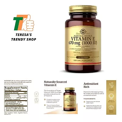 Vitamin E 670 Mg 1000 IU 100 Softgels - Natural Antioxidant Skin & Immune S... • $68.99