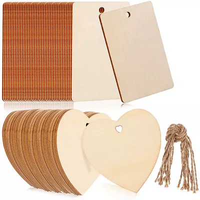 Natural Wood Heart & Rectangle Ornaments With Twine For DIY Crafts & Decor- • £10.98